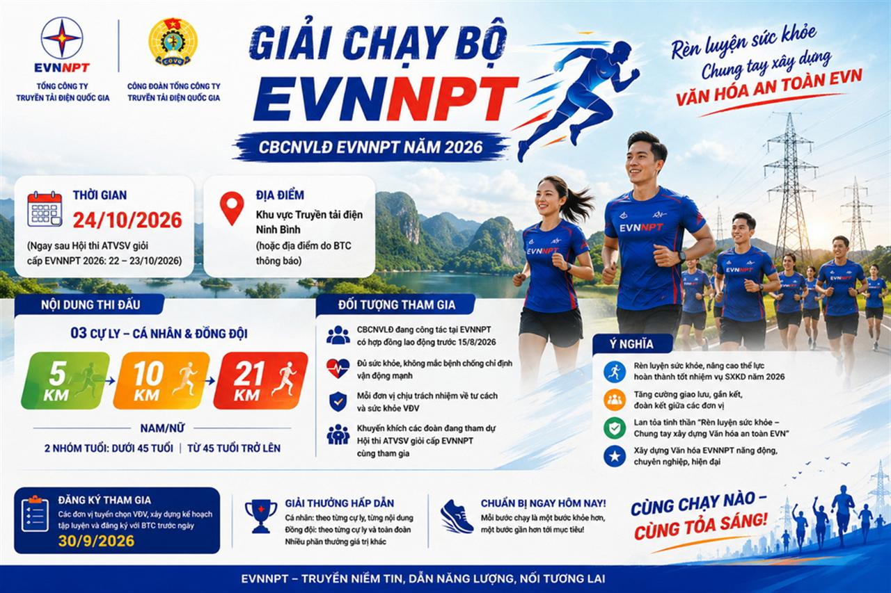 EVNNPT tổ chức Giải chạy bộ cán bộ, công nhân viên, lao động năm 2026